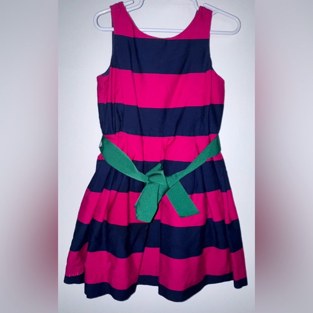 Polo Ralph Lauren Girls Pink and Navy Striped Dress with Green Belt size 5